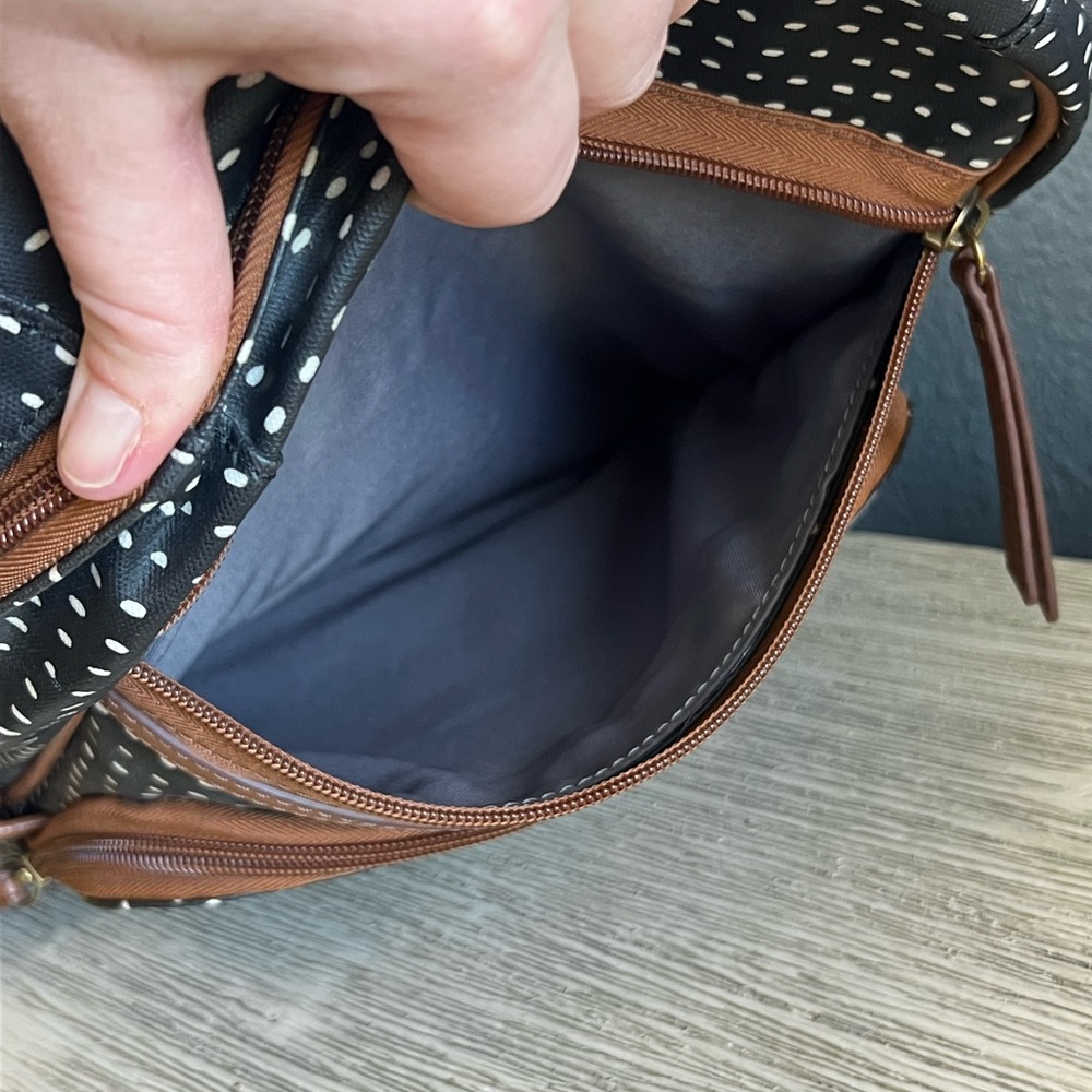Fossil Black and White Polka Dot Backpack with Brown Accents - Picture 3 of 14